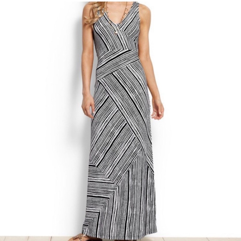 Tommy Bahama Terrace striped maxi dress black white asymmetrical stripes
